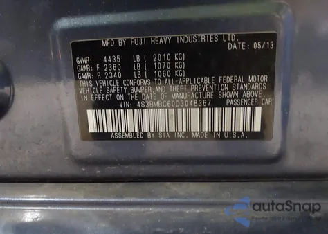 2013 Subaru Legacy 2.5I Premium from USA, damaged, VIN 4S3BMBC60D3048367